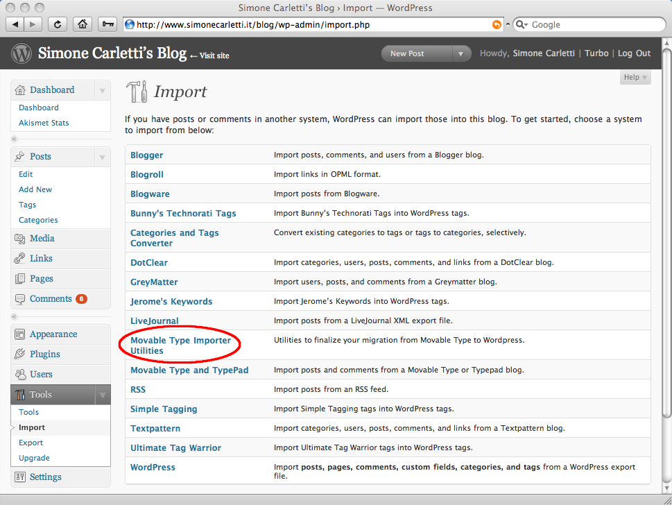 Default WordPress importers