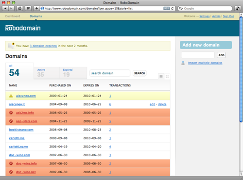 The list of all domains you are tracking